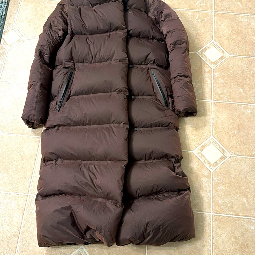 Lululemon Cloudscape Mocha Mousse colored long waterproof pure down wrap jacket